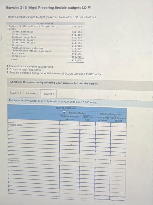 cost per unit. 2. Compute total fixed costs. 3. Prepare a flexible