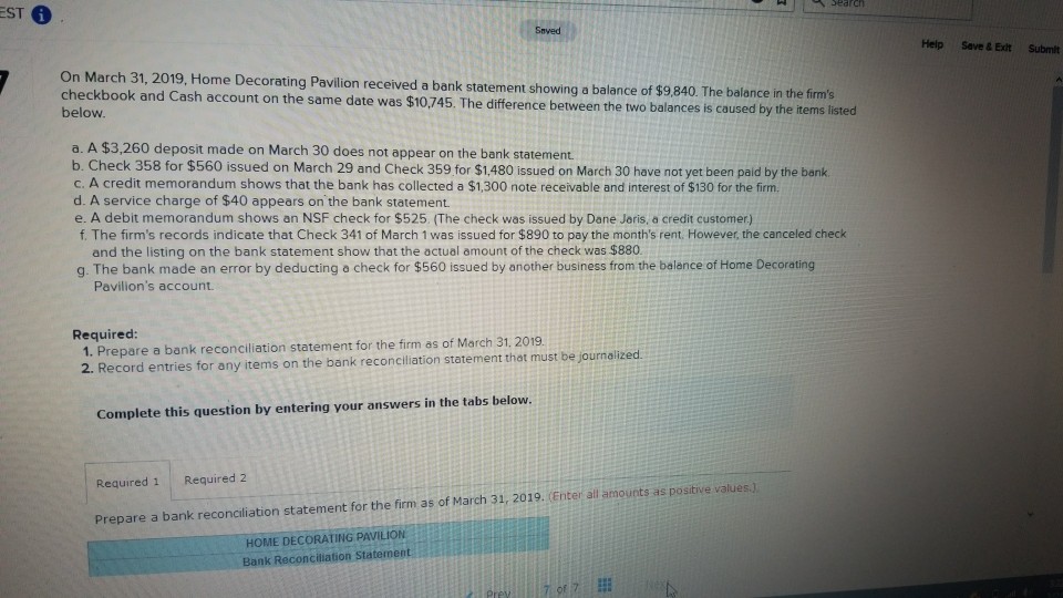 earen ST Saved Help Save & Exlt Submit n March 31,
