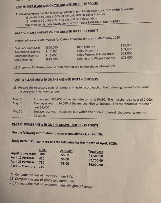  PART II: PLEASE ANSWER ON THE ANSWER SHEET - 15 POINTS