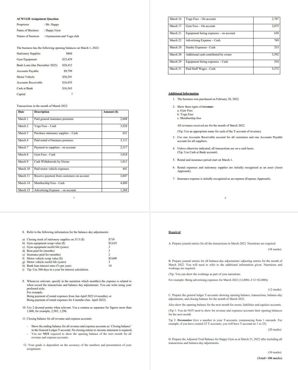 answer only number A March 16 Yoga Fees - On account 2,787