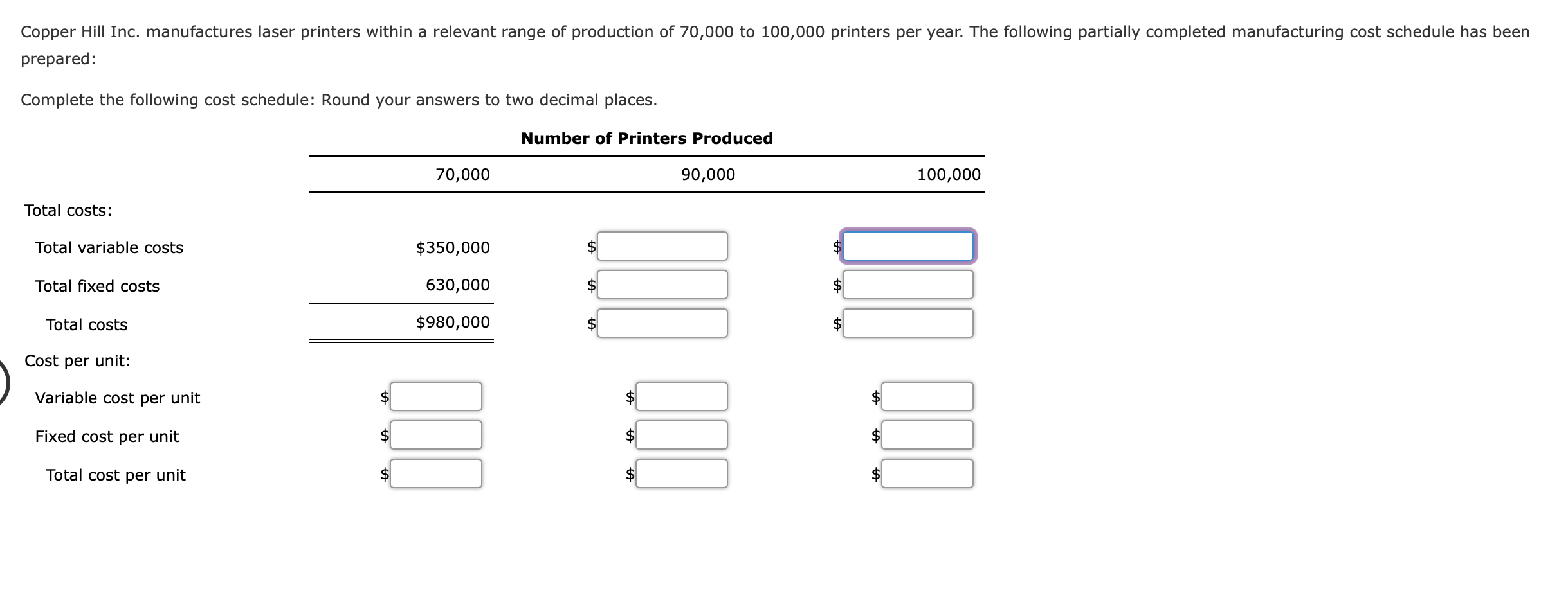 Copper Hill Inc. manufactures laser printers within a relevant range of production