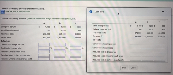  Compute the missing amounts for the following table Click the icon