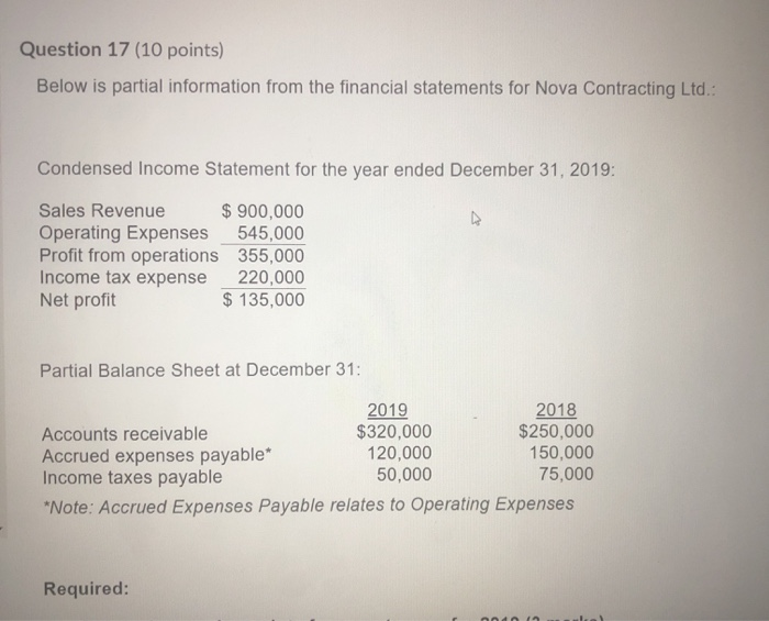  need it urgently Question 17 (10 points) Below is partial information