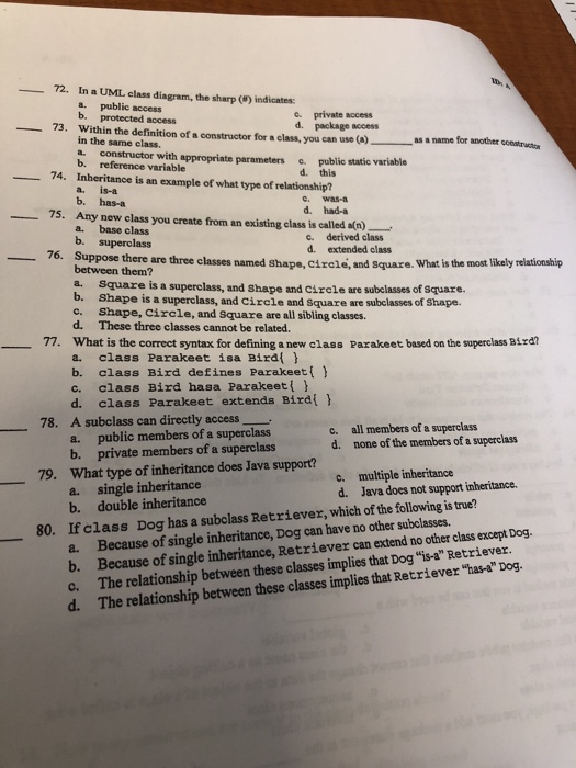  72. In a UML class diagram, the sharp (#) indicates: a.