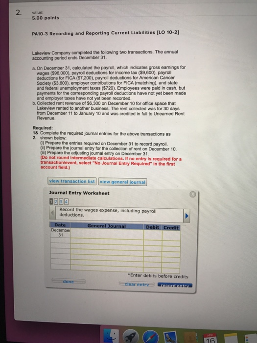  5.00 points PA10.3 Recording and Reporting Current Liabilities [LO 10-21 Lakeview