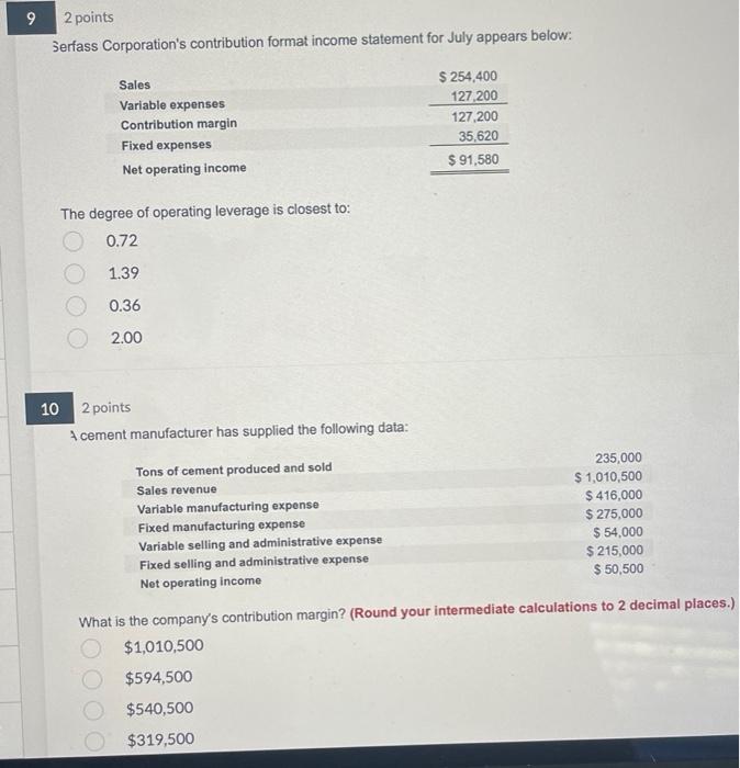  9 2 points Serfass Corporation's contribution format income statement for July