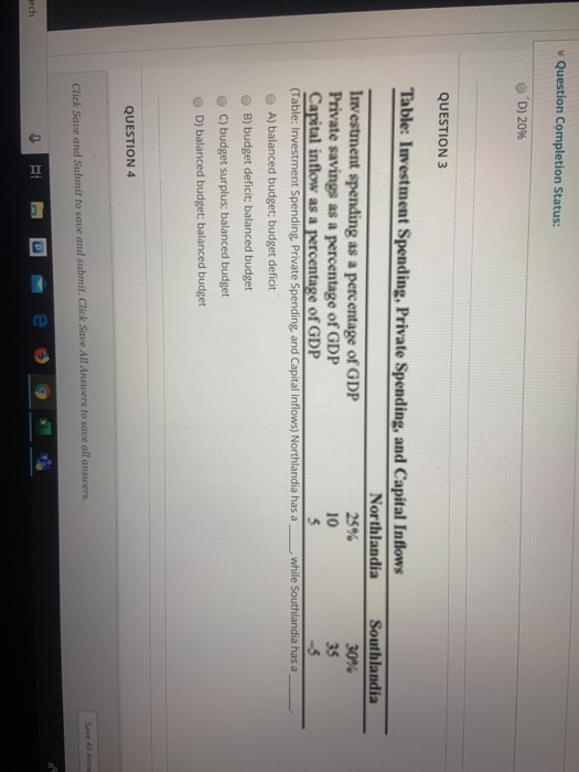  Question Completion Status: 'D) 20% QUESTION 3 Table: Investment Spending, Private