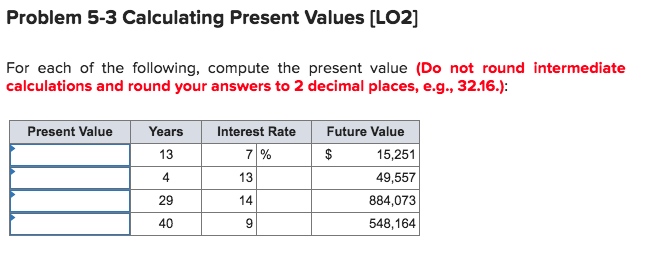 Problem 5-3 Calculating Present Values (LO2) For each of the following,