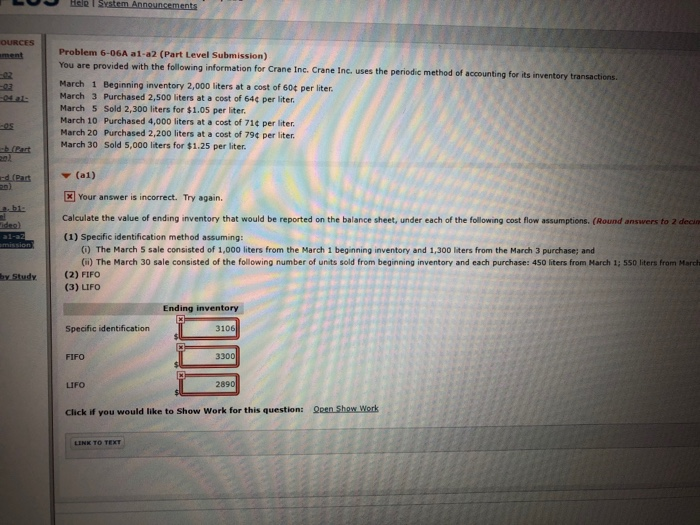  Help System Announcements OURCES Problem 6-06A al-a2 (Part Level Submission) You