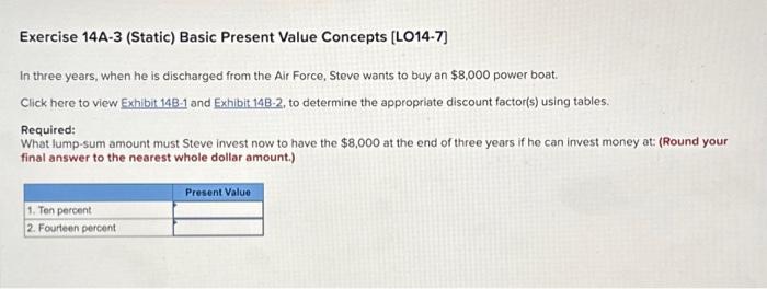  Exercise 14A-3 (Static) Basic Present Value Concepts [LO14-7] In three years,