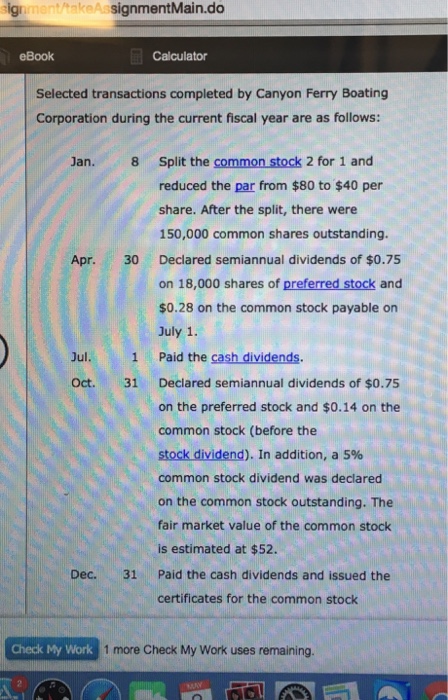  gnment/hakeAssignmentMain.do eBook Calculator Selected transactions completed by Canyon Ferry Boating Corporation
