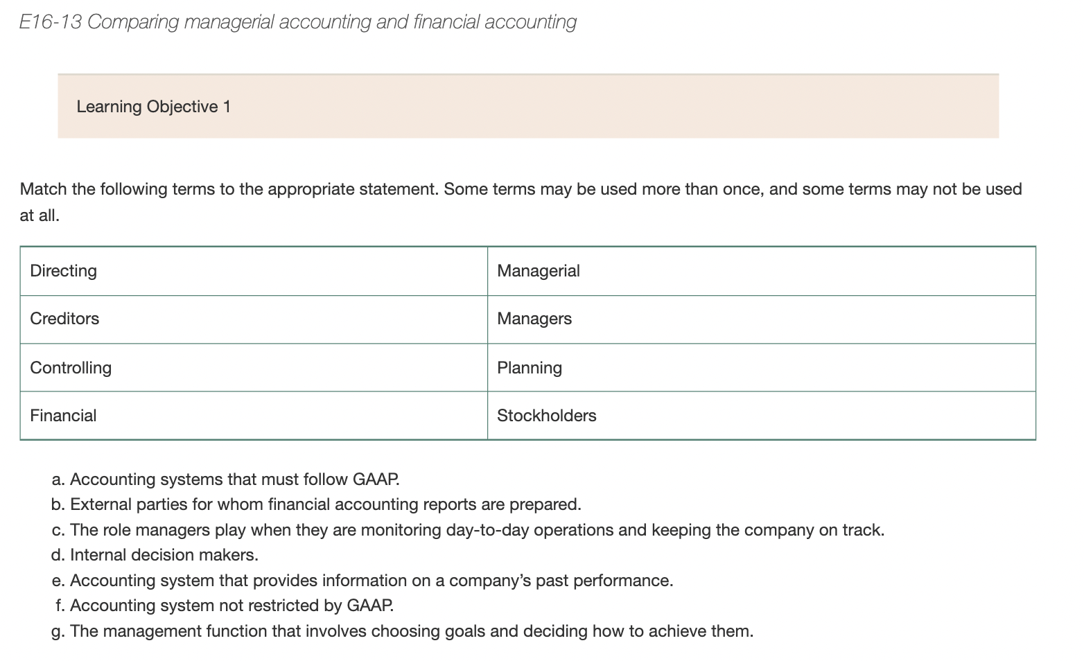 Please answer questions "e, f, and g" only. E16-13 Comparing managerial