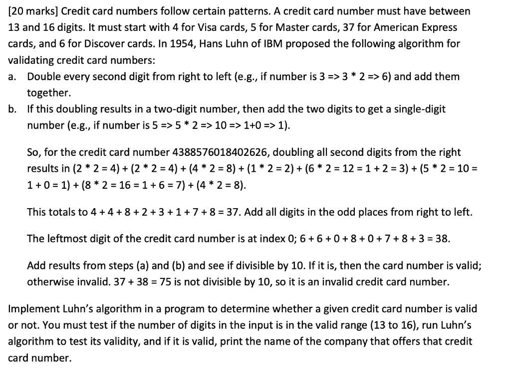 Java Programming [20 marks] Credit card numbers follow certain patterns. A credit