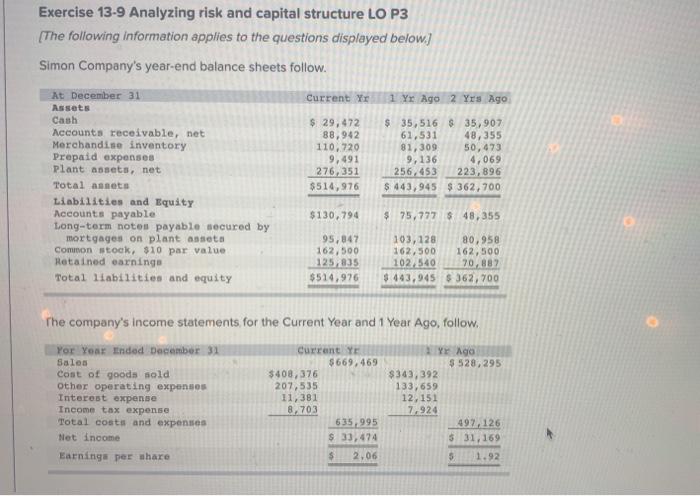  Exercise 13-9 Analyzing risk and capital structure LO P3 (The following