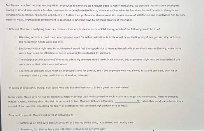  answer all parts please Bob Hanson emphasizes that sending MBSC employees