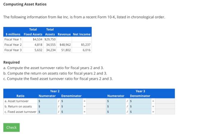 Answer please? Computing Asset Ratios The following information from Ike Inc. is