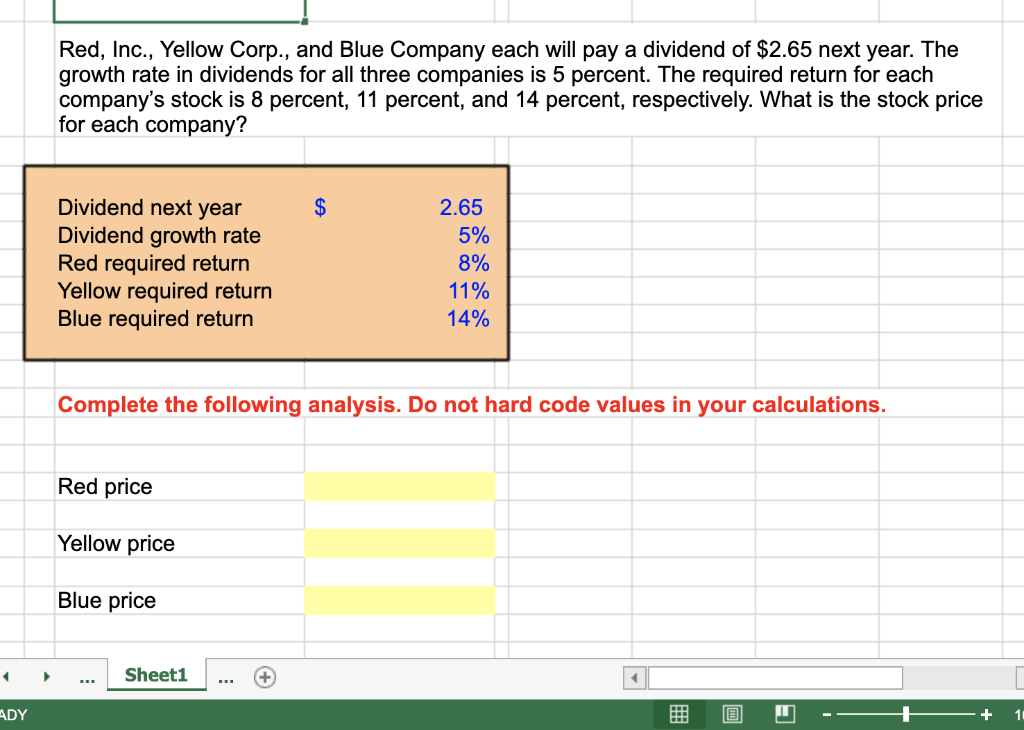 how do i solve using excel formula Red, Inc., Yellow Corp., and