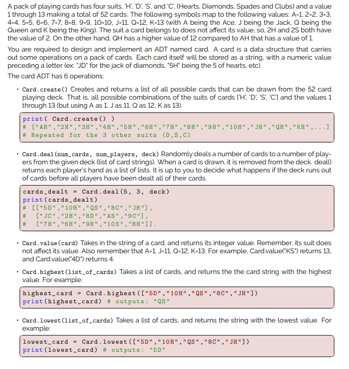  Python 3 please and thank you. pack of playing cards has