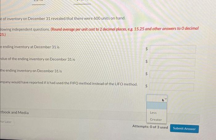 of inventory on December 31 revealed that there were 600 units on