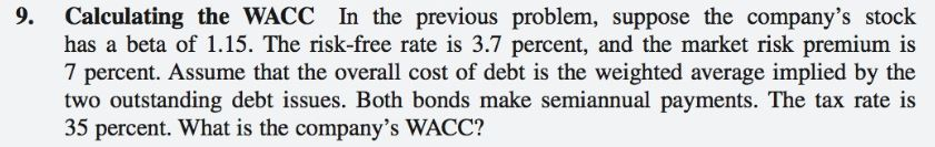 PREVIOUS PROBLEM INFO 9. Calculating the WACC In the previous problem,