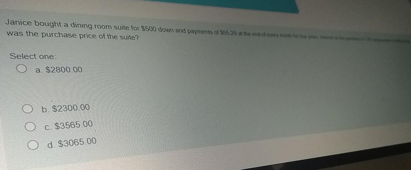  Janice bought a dining room suite for $500 down and payments