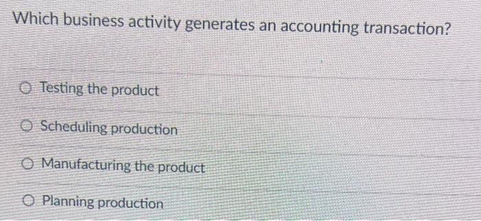 Which business activity generates an accounting transaction? O Testing the product