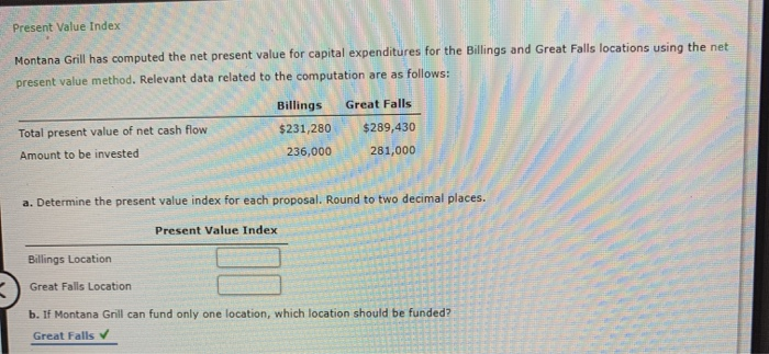  Present Value Index Montana Grill has computed the net present value
