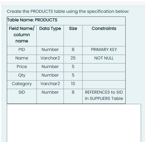 sql Size Create the PRODUCTS table using the specification below: Table Name: