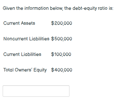  Given the information below, the debt-equity ratio is: Current Assets $200,000