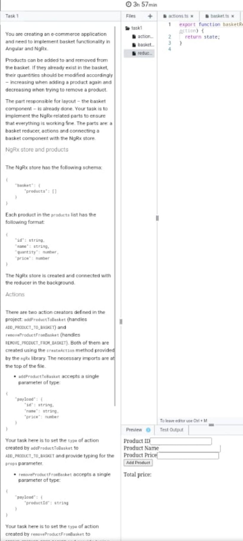 and need to implement basket functionality in Angular and NgRx. Products can