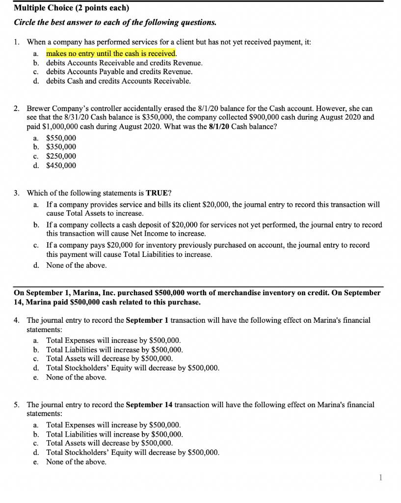  Multiple Choice (2 points each) Circle the best answer to each