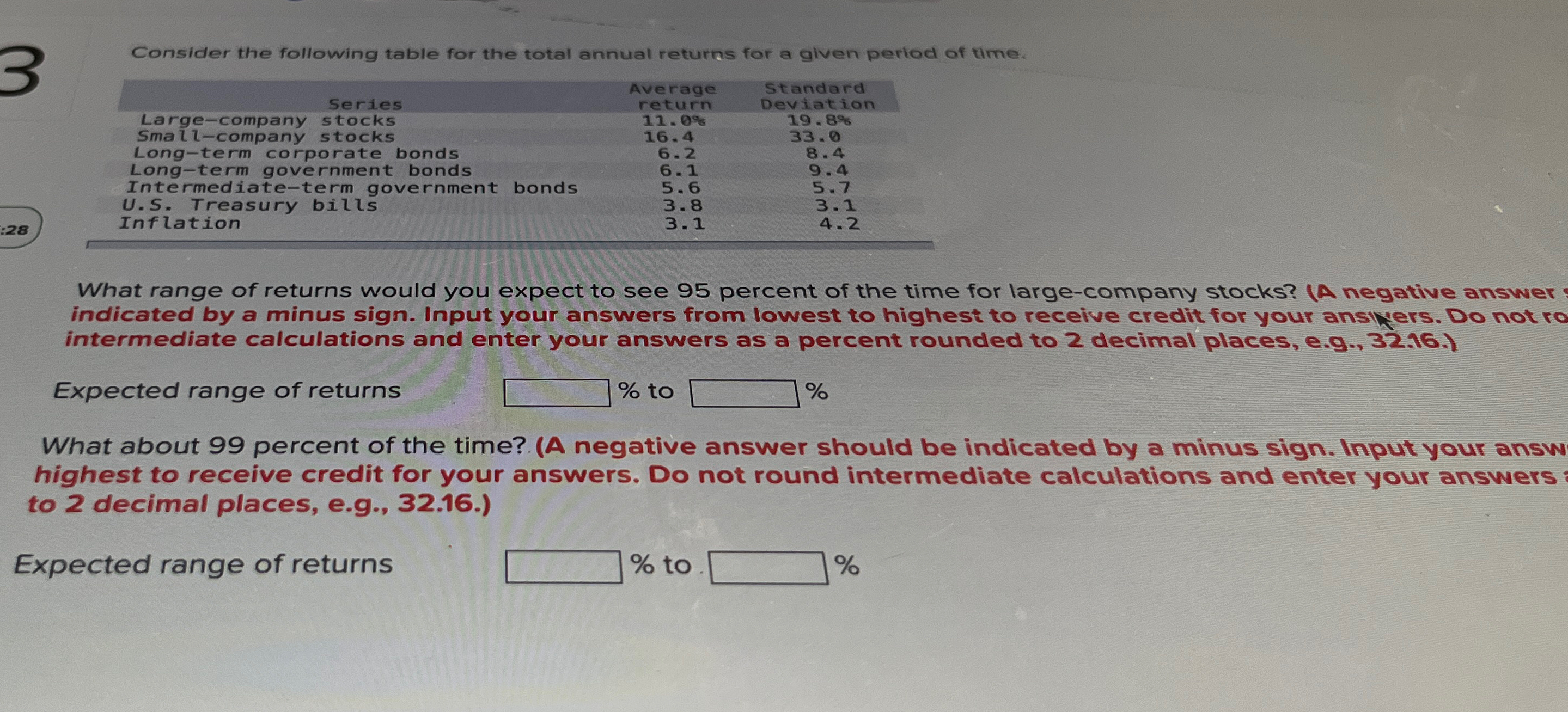  Consider the following table for the total annual returns for a