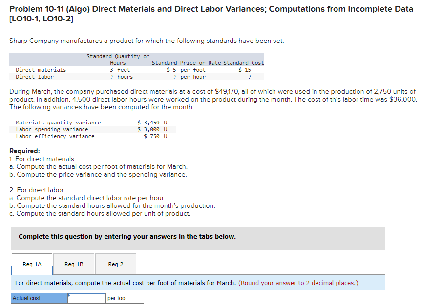  Problem 10-11 (Algo) Direct Materials and Direct Labor Variances; Computations from