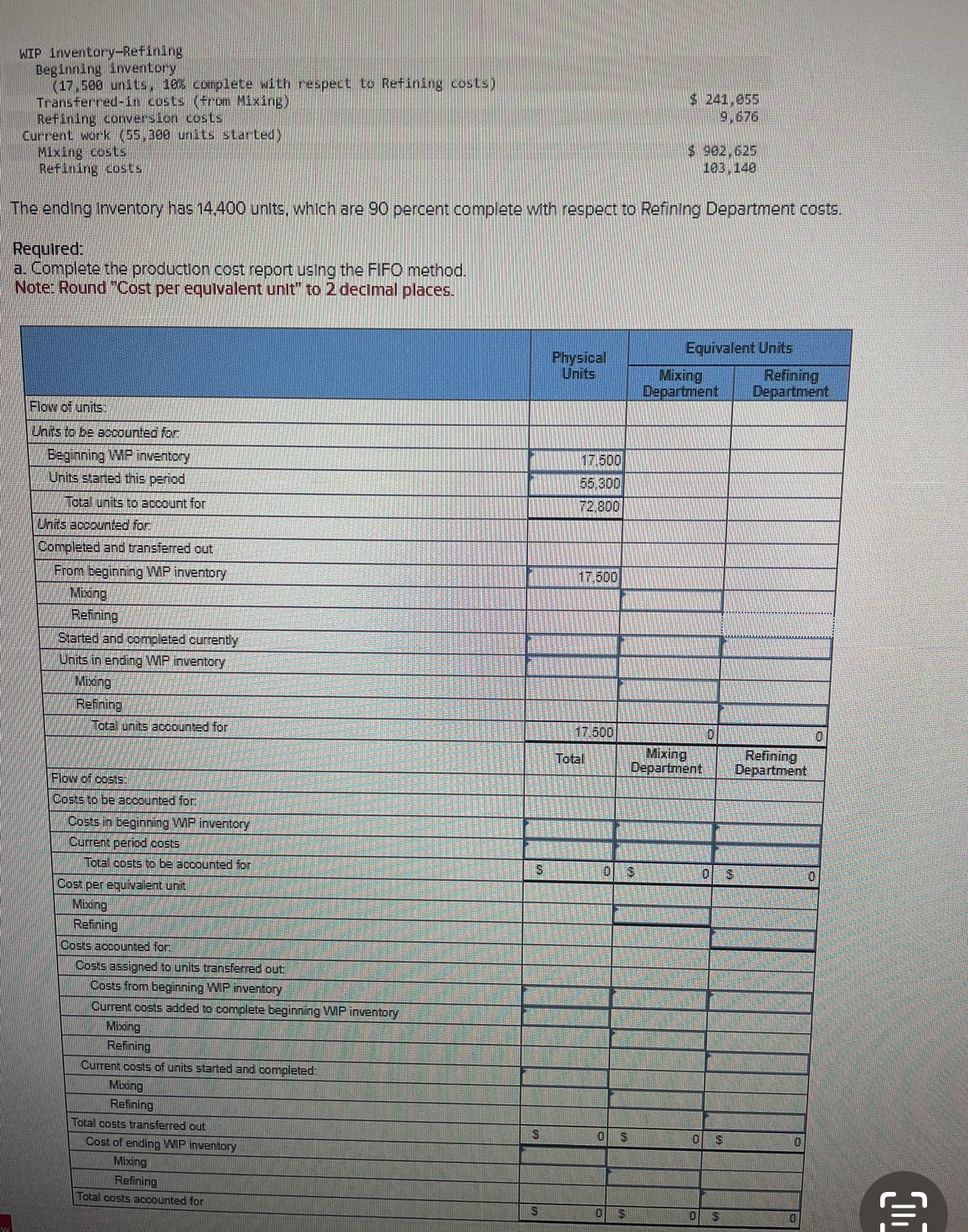  WIP Inventory-Refining Deginning inventory (17,598 units, 165 complete with respect to