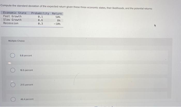  Compute the standard deviation of the expected return given these three