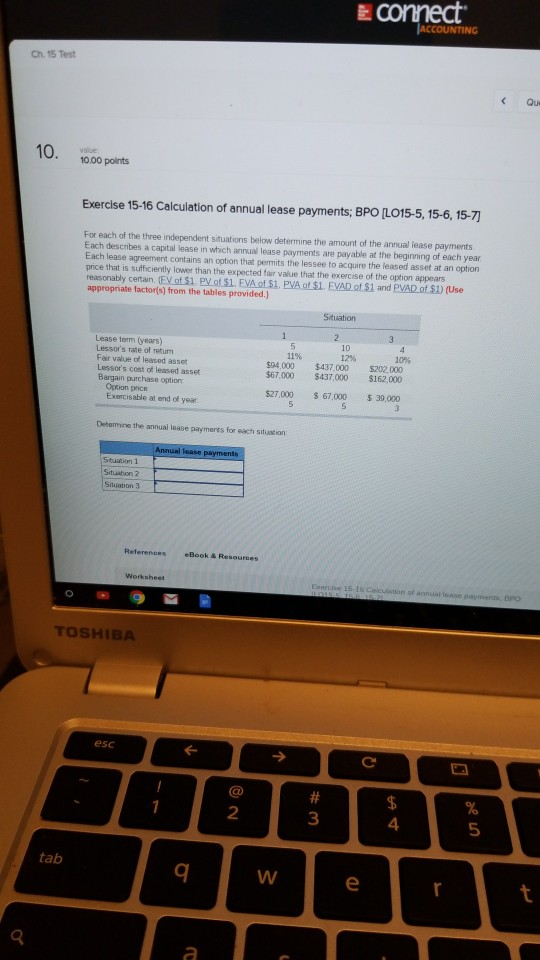  E connect ACCOUNTING Ch. 15 Test 10 10.00 points Exercise 15-16