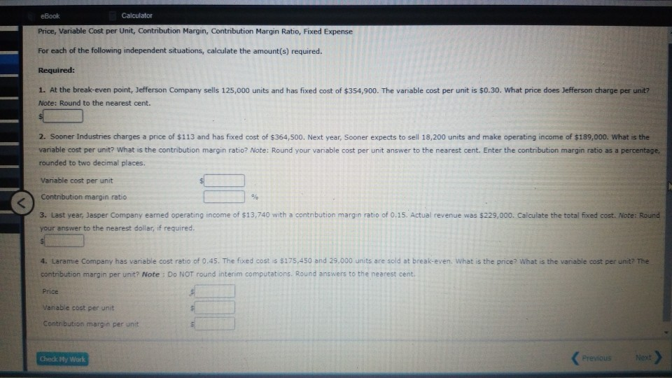 Calculator eBook Price, Variable Cost per Unit, Contribution Margin, Contribution Margin