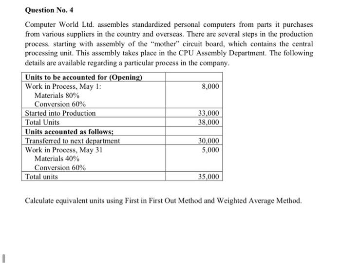  Question No. 4 Computer World Ltd. assembles standardized personal computers from