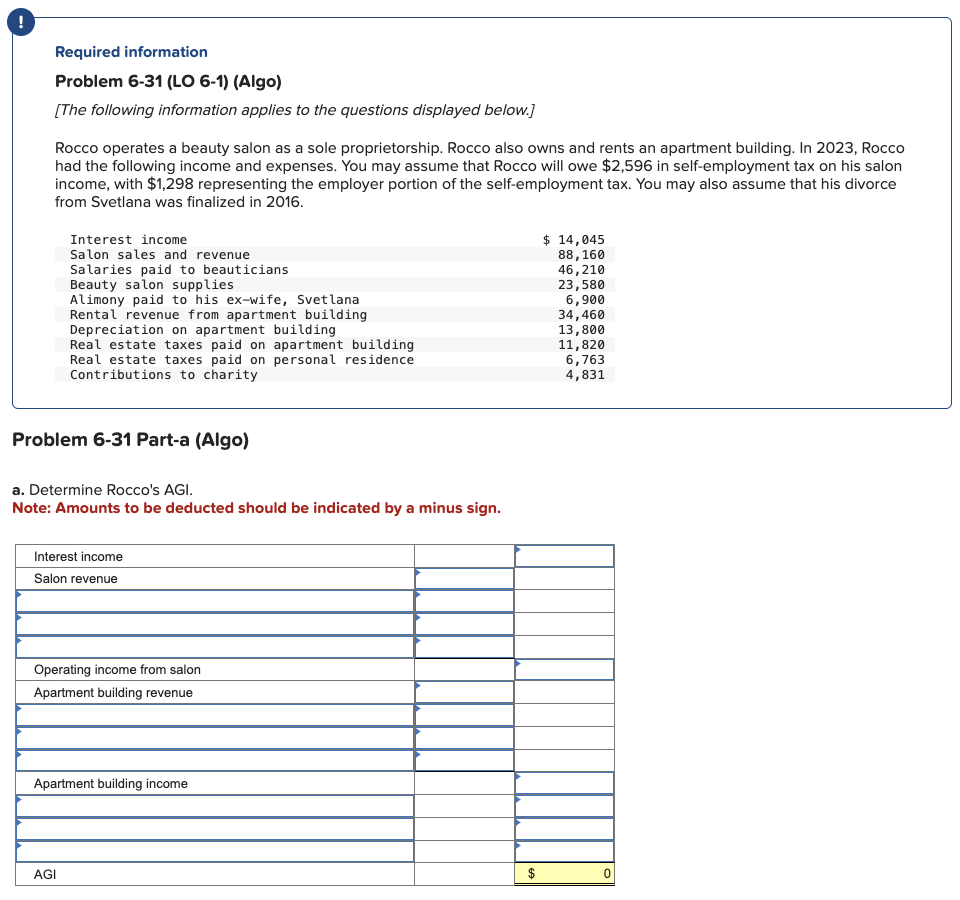  Required information Problem 6-31(LO 6-1)(Algo) [The following information applies to the
