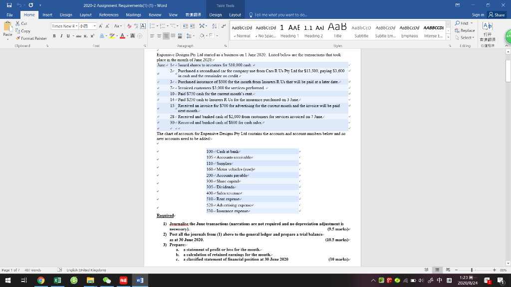 2020-2 Assignment Requirements) (1) - Word Table Tools Home Insert Design