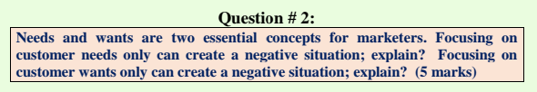  Question #2: Needs and wants are two essential concepts for marketers.