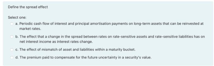  Define the spread effect Select one: a. Periodic cash flow of