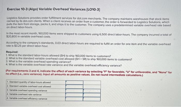  Exercise 10-3 (Algo) Variable Overhead Variances [LO10-3] Logistics Solutions provides order
