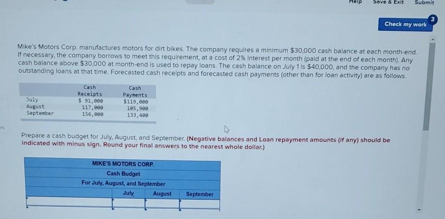 Help Save & Exit Submit Check my work Mike's Motors Corp.