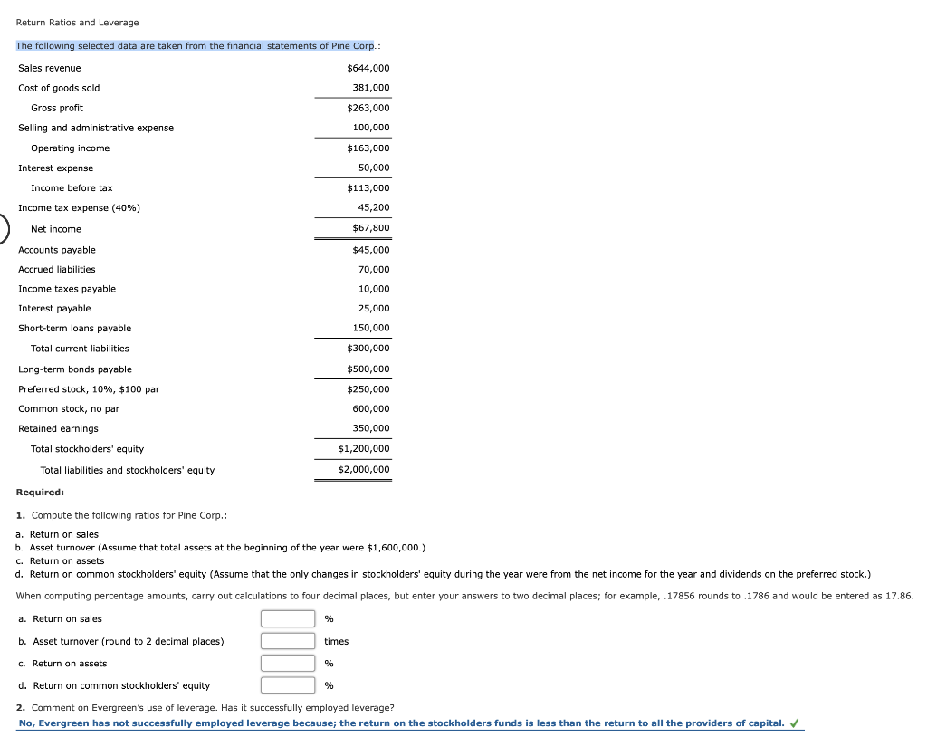  Return Ratios and Leverage The following selected data are taken from