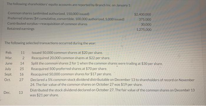  please answer in form provided thanks! The following shareholders equity accounts
