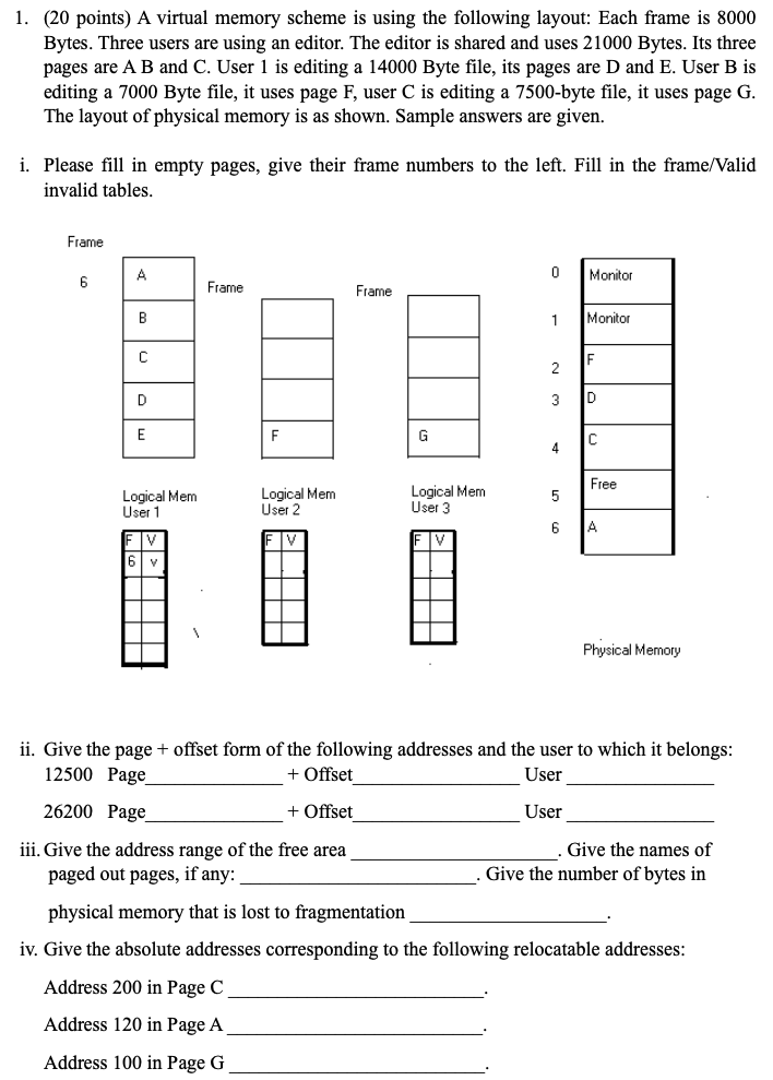  1. (20 points) A virtual memory scheme is using the following