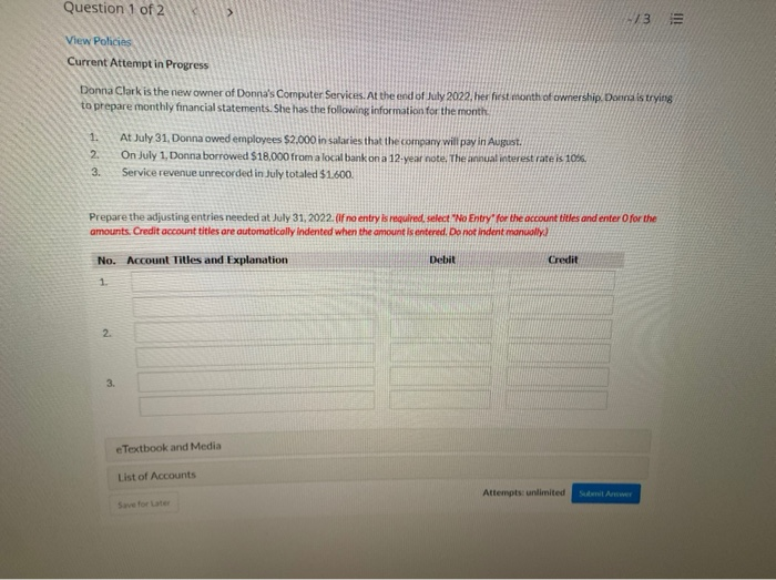  Question 1 of 2 3 E View Policies Current Attempt in