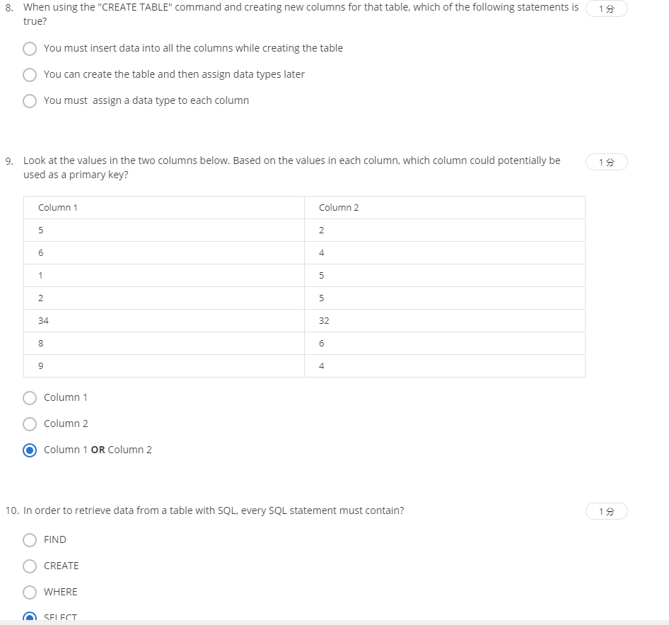 8. When using the "CREATE TABLE" command and creating new columns