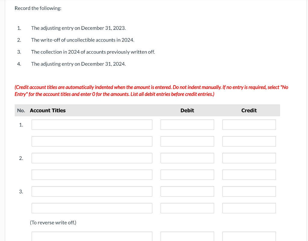 information: 1. At December 31,2023, the unadjusted balance in Allowance for Doubtful